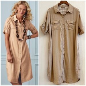 Soft‎ Surroundings Fontana Linen Safari Shirt Dress Tan Utility Button Down XL